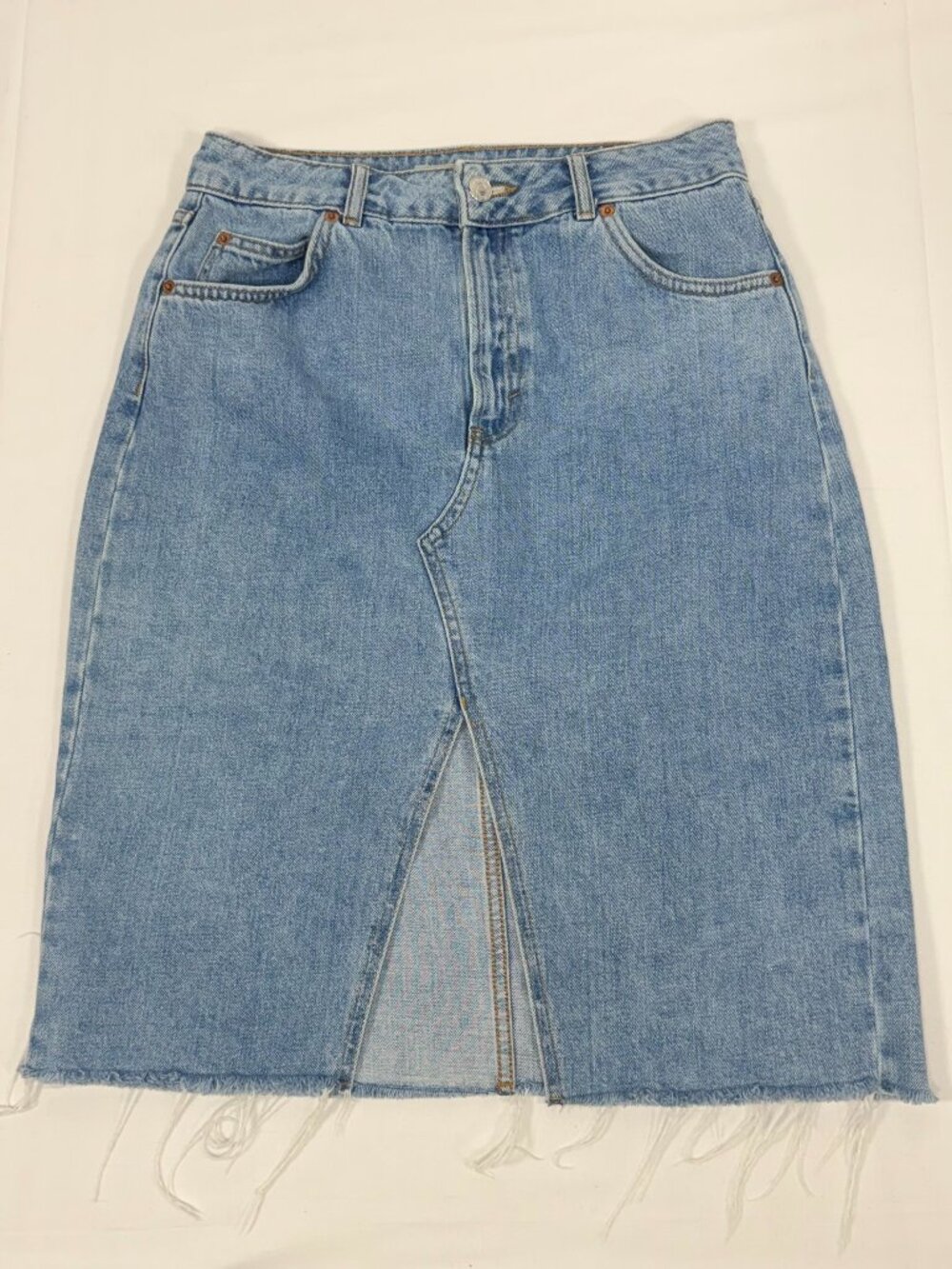 High Waist Topshop‎ Moto Light Wash Cotton Denim Midi Skirt Size 6